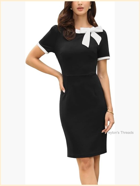 Dresses & Skirts - Bow Tie Crew Neck Short Sleeve Midi Dress Business Casual